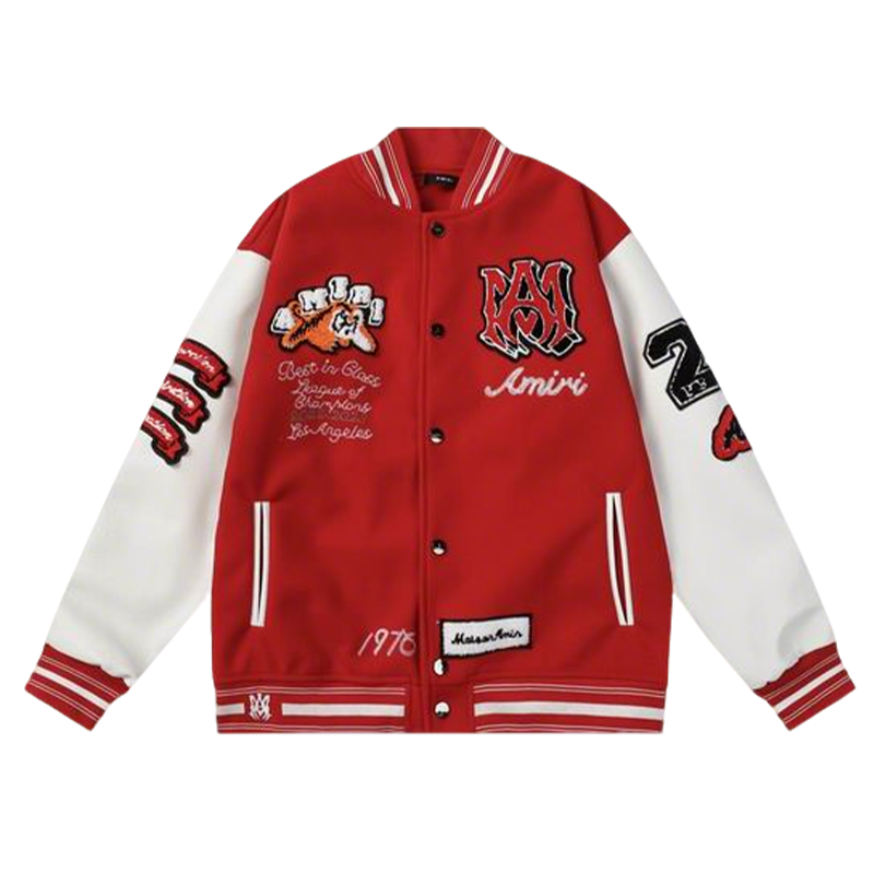 Amiri Red Varsity Jacket With Tiger And Embroidered Patches
