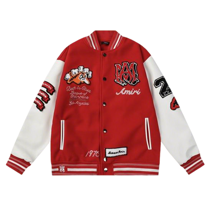 Amiri Red Varsity Jacket With Tiger And Embroidered Patches