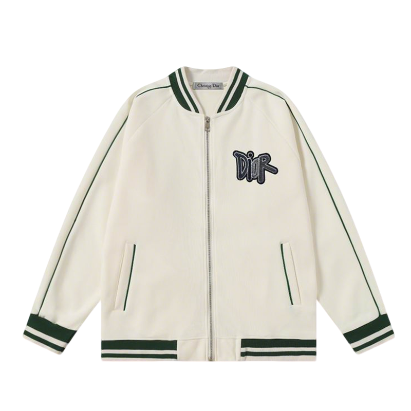 Dior Cream - White Bomber Jacket With Green Trim And Embroidered Logo