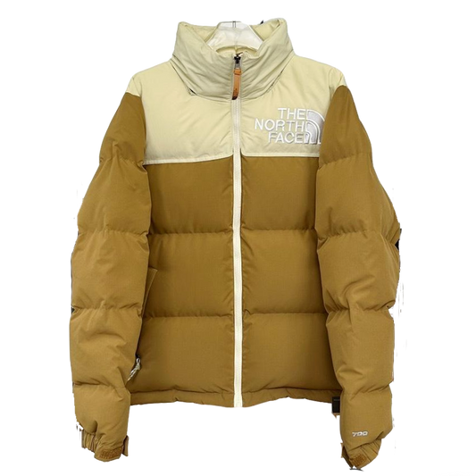 The North Face Nuptse Puffer Jacket In Tan And Beige Color Block Design
