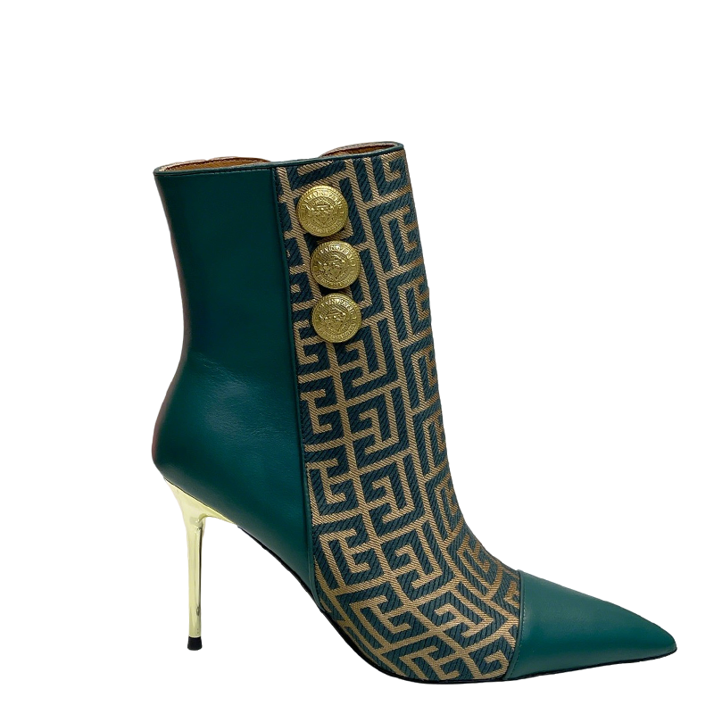 Balmain Green Leather And Monogram - Print Ankle Boots With Gold Buttons