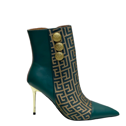 Balmain Green Leather And Monogram - Print Ankle Boots With Gold Buttons
