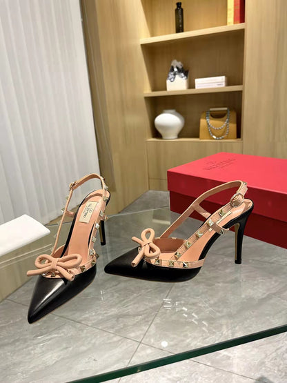 Valentino Women's Rockstud Bow Slingback Pumps Luxury Pointed Toe High Heels