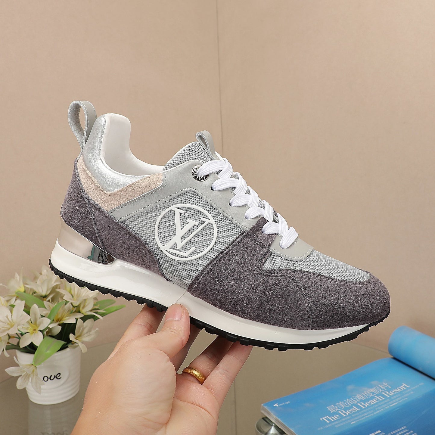 Louis Vuitton Women's Grey Mesh and Suede Sneakers with Iconic Logo