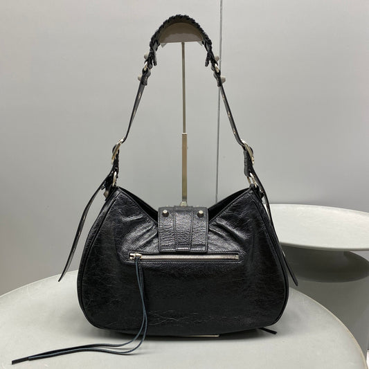 Black Balenciaga Studded Hobo Bag with Heart - Shaped Charm and Mini Pouch for Edgy Fashion Style No.3725