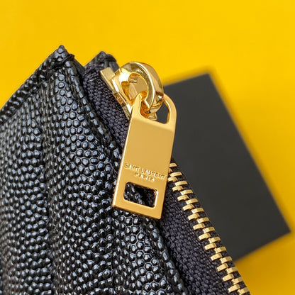 Stylish Saint Laurent Quilted Leather Zip Card Holder with Silver Logo 607915