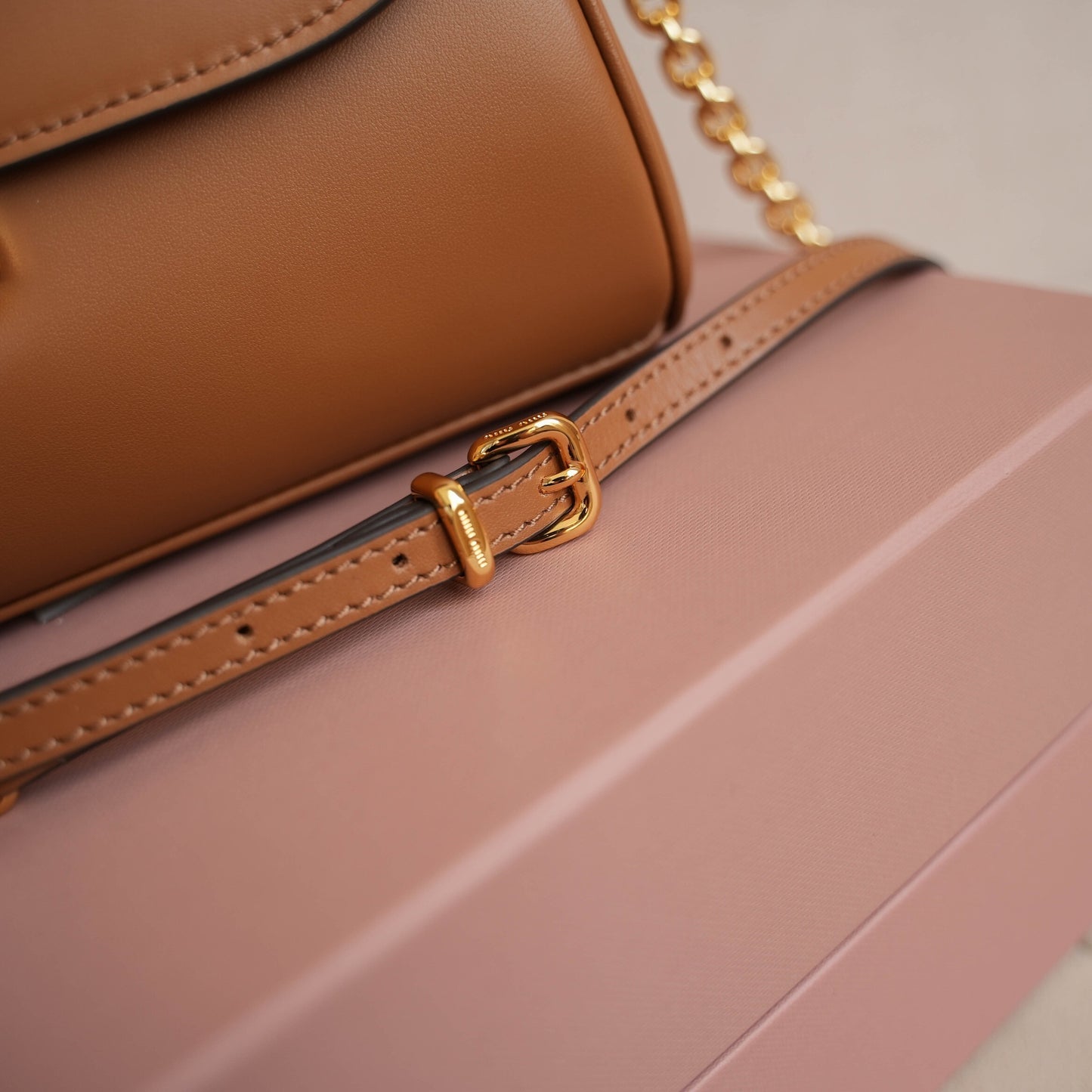 Miu Miu Brown Leather Crossbody Bag With Gold Chain Strap 5BD266