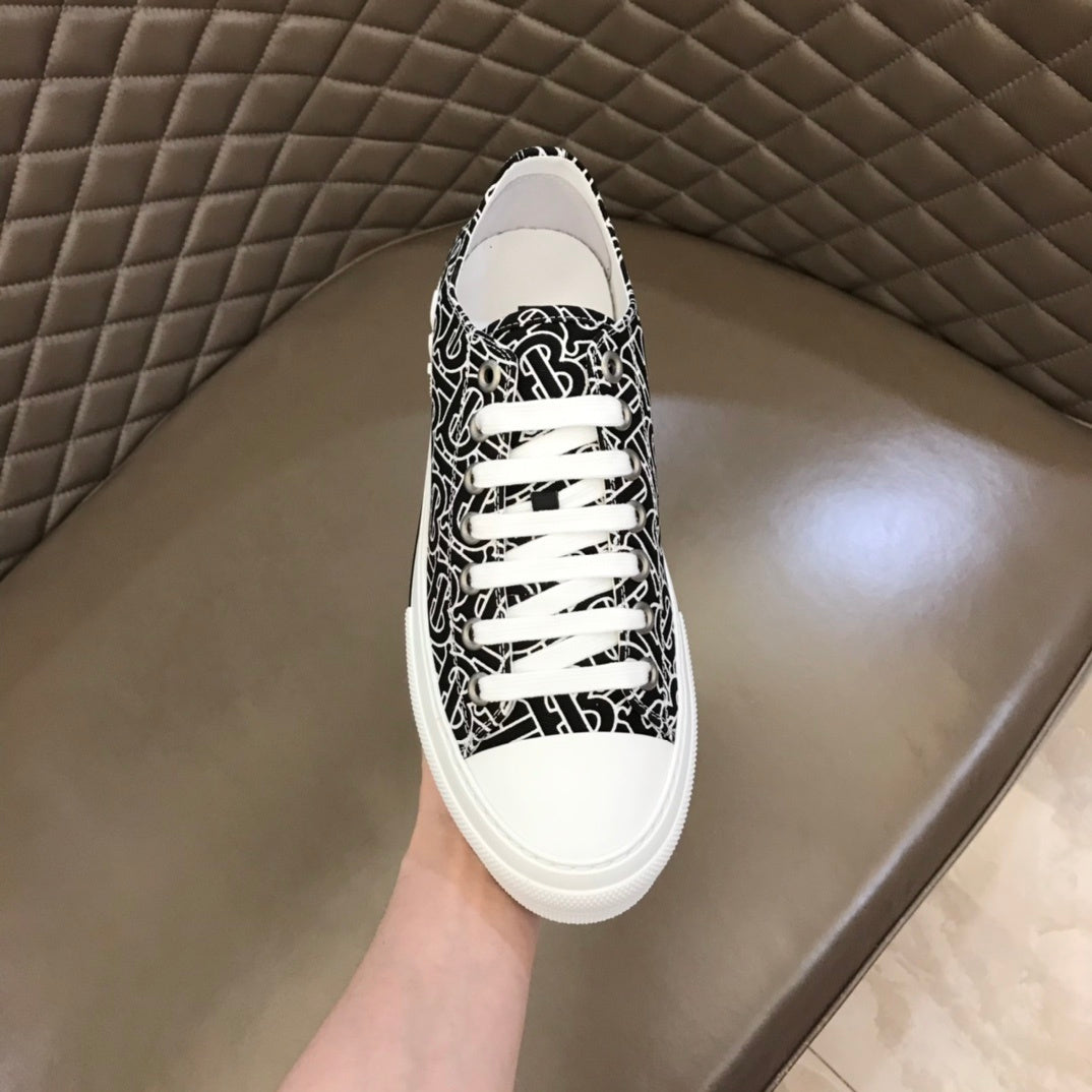 Burberry Unisex Black White Monogram Canvas Sneakers Fashionable Versatile Footwear For Men And Women With Signature Logo Design