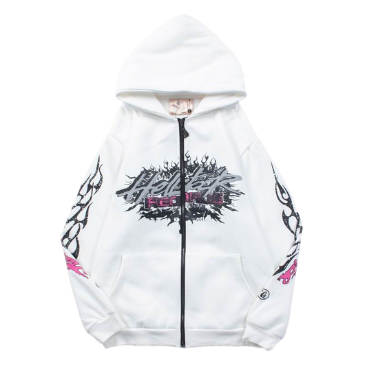 White Hooded Zip - Up Jacket With Hellstar Graphic And Flame Details