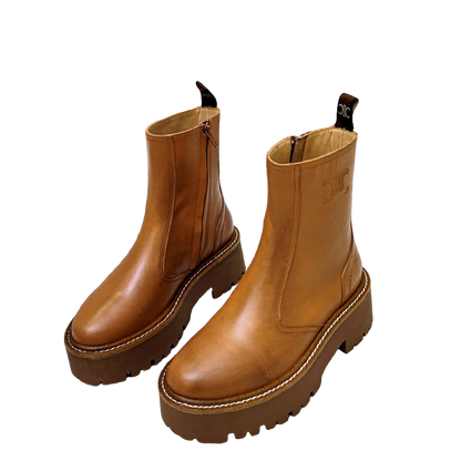 Celine Brown Leather Ankle Boots With Platform Sole And Branding