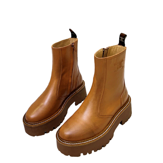 Celine Brown Leather Ankle Boots With Platform Sole And Branding