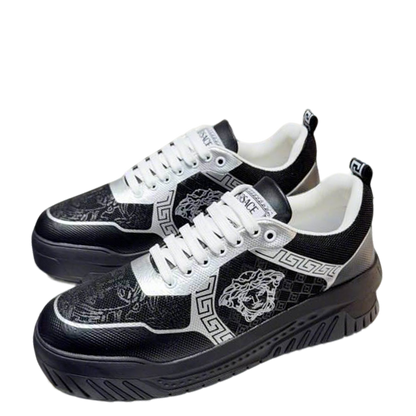 Versace Black And Silver Platform Sneakers With Medusa And Greek Key Designs