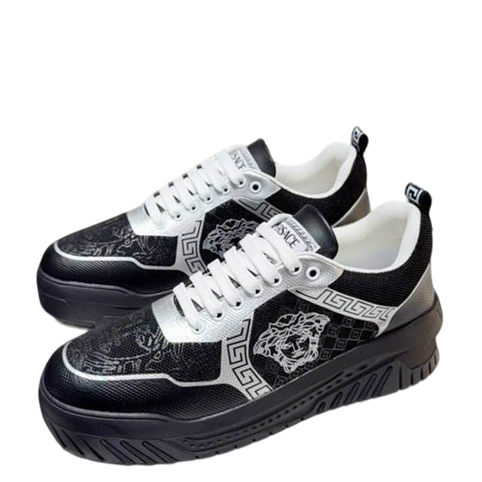 Versace Black And Silver Platform Sneakers With Medusa And Greek Key Designs