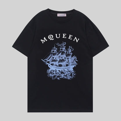 Alexander McQueen White T - Shirt With MQUEEN Lettering And Sailing Ship Graphic