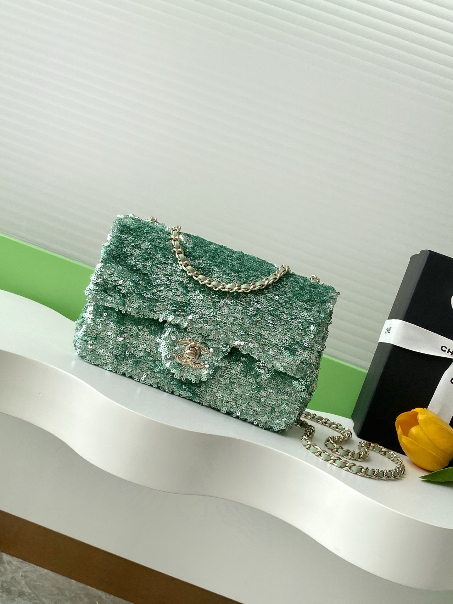 Chanel Black Sequin - Embellished Handbag With Gold CC Logo And Chain Strap AS4561