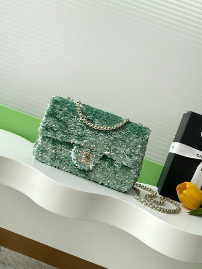 Chanel Black Sequin - Embellished Handbag With Gold CC Logo And Chain Strap AS4561