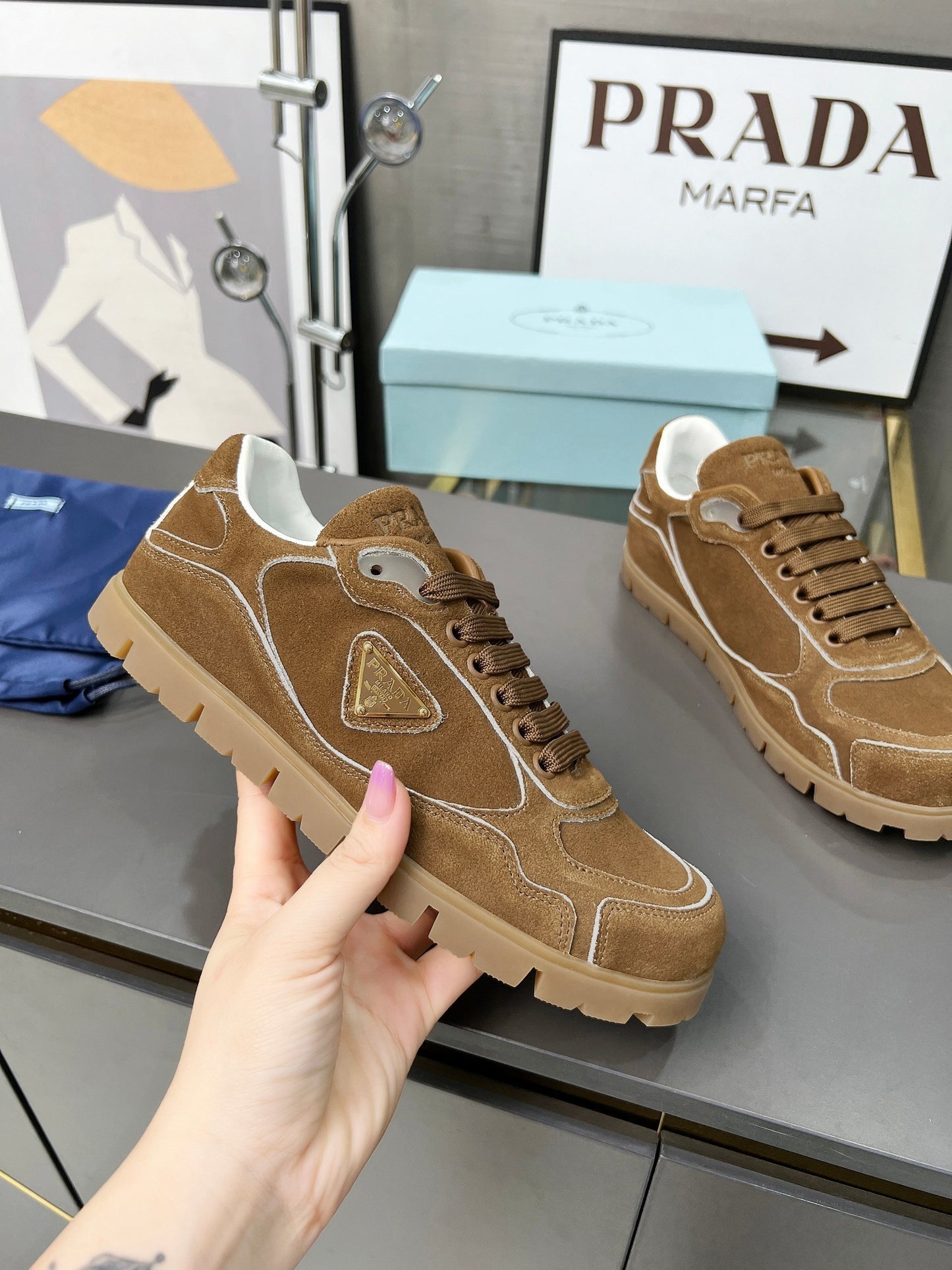 Prada Unisex Sneakers Triangle Logo Suede Luxury Sneakers