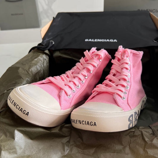 Balenciaga Pink High-Top Canvas Sneakers with Brand Logo Sole for Luxury Street Style