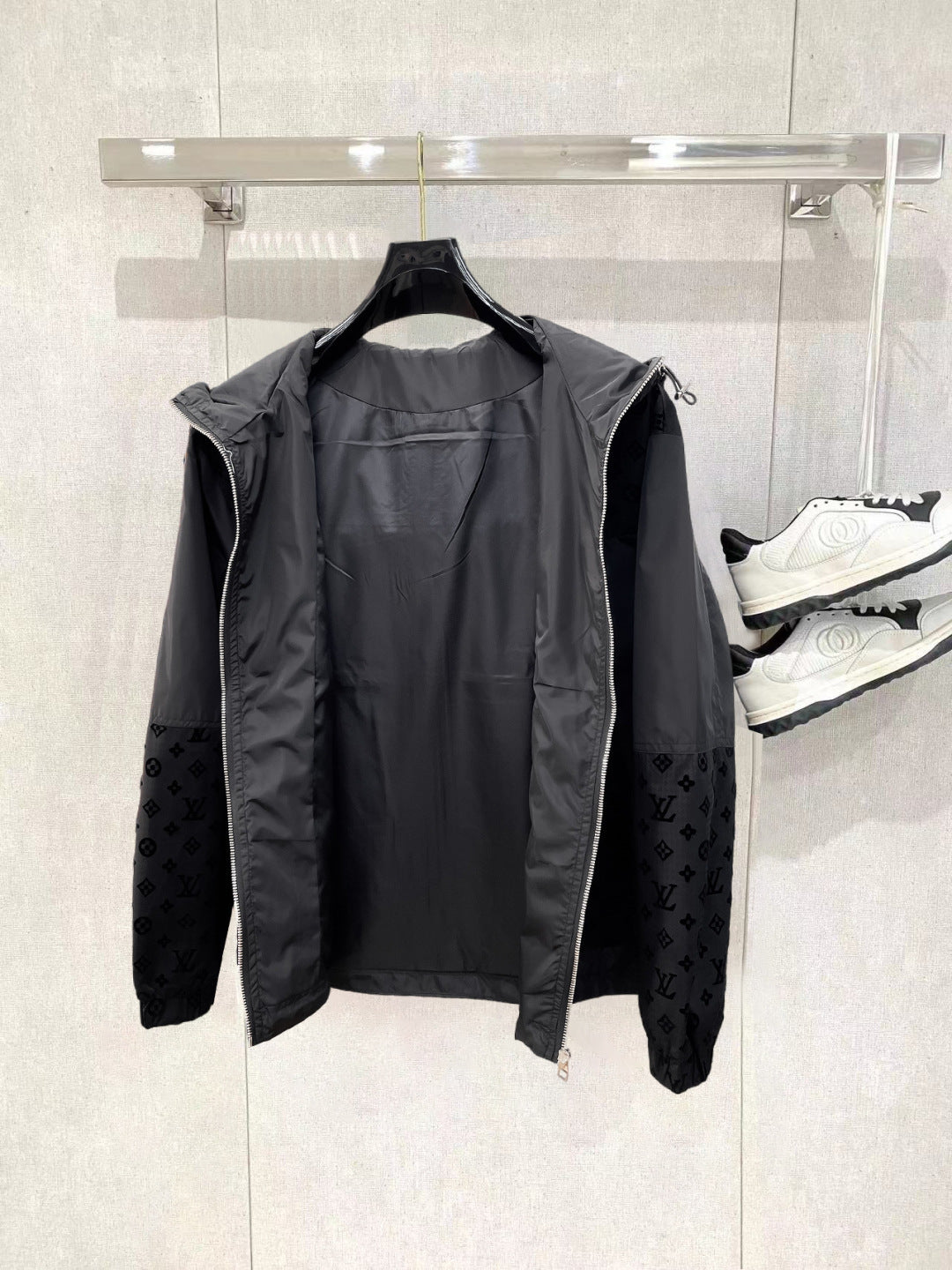 Louis Vuitton Men's Embossed Monogram Hooded Zip-Up Jacket with Contrast Sleeves
