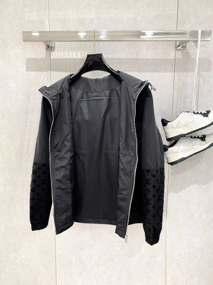 Louis Vuitton Men's Embossed Monogram Hooded Zip-Up Jacket with Contrast Sleeves