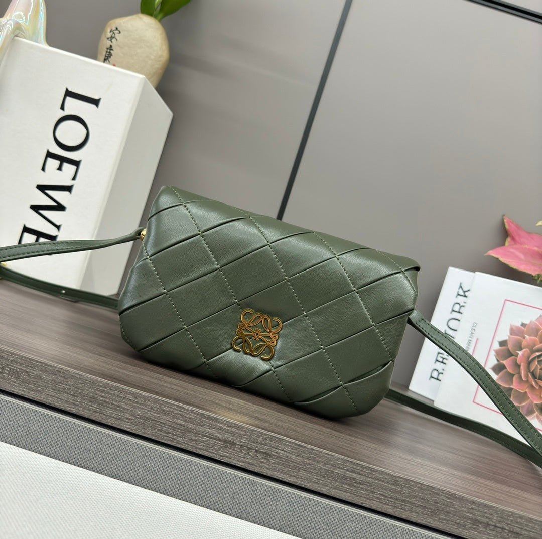 Loewe  Puffer Goya  Black Quilted Leather Crossbody Bag With Gold Logo Accent 062465