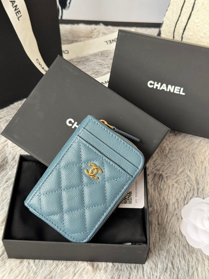 Chanel Beige Caviar Quilted Leather Small Zip Wallet With Gold Tone CC Logo