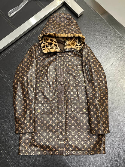 Louis Vuitton Monogram Print Hooded Parka with Faux Fur Lining