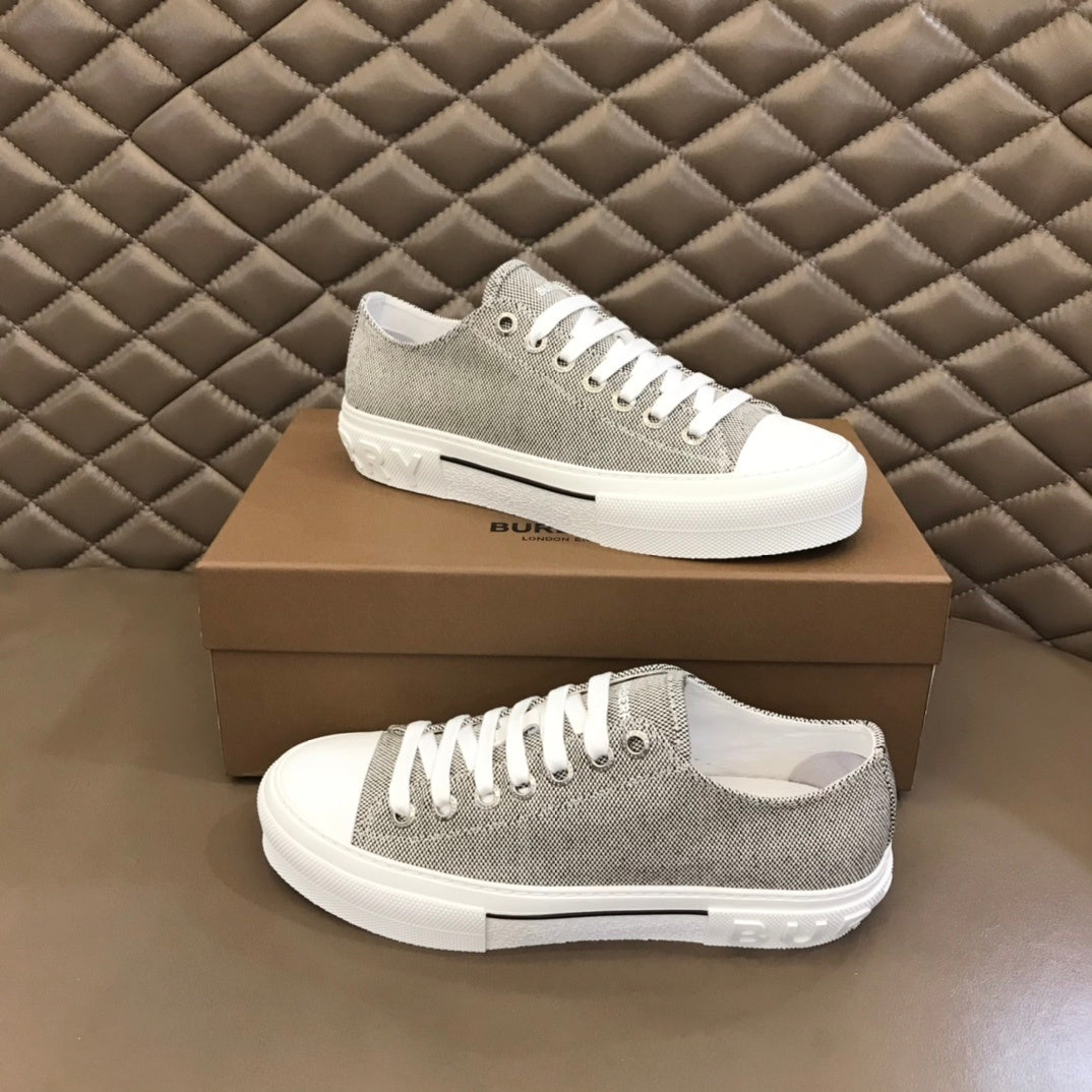 Burberry Unisex Grey Textured Canvas Sneakers Fashionable Comfortable Footwear For Men And Women With Minimalist Design
