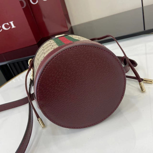 Gucci Beige Ebony GG Supreme Canvas Bucket Bag With Burgundy Suede And Web Stripe 838462
