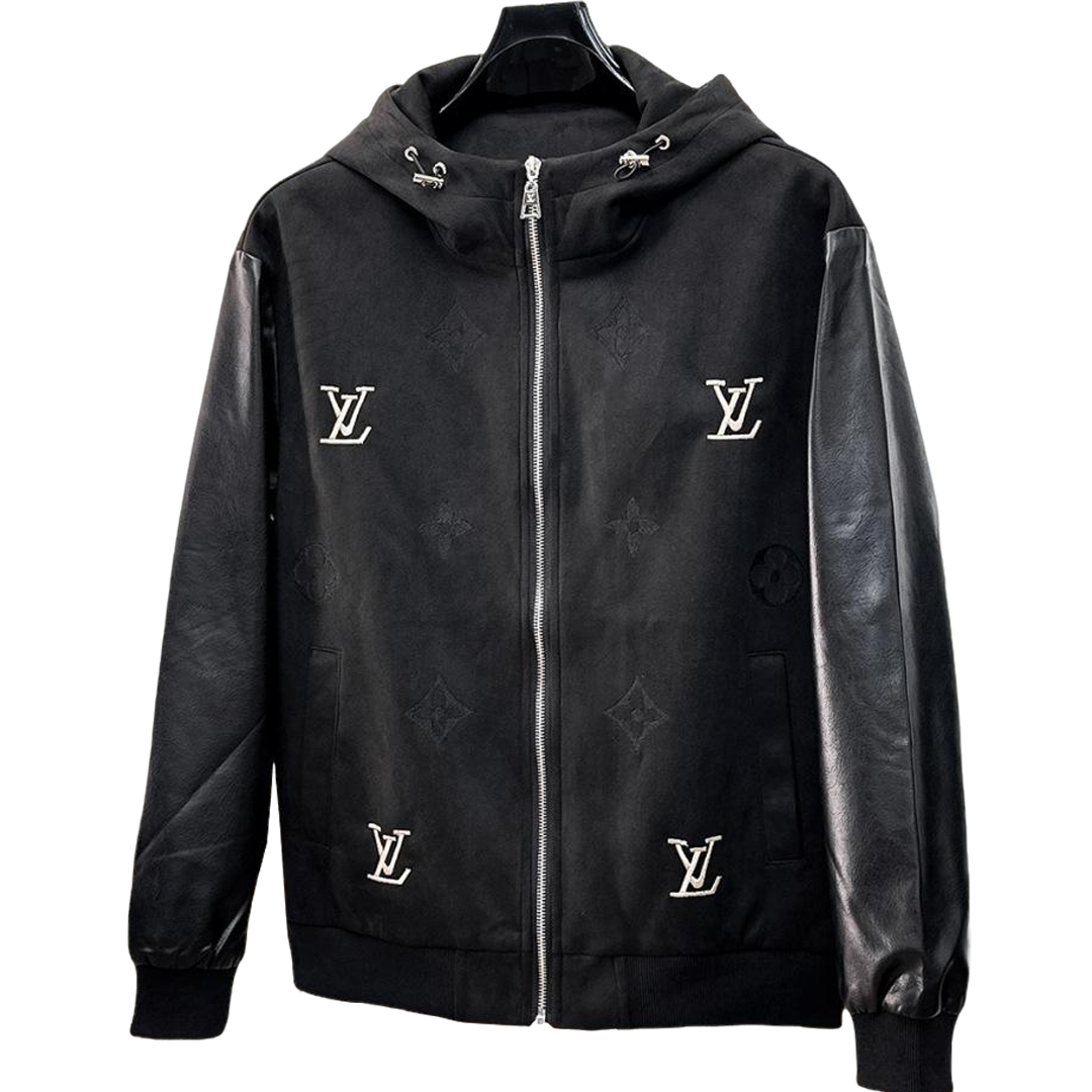 Louis Vuitton Men's Embossed Monogram Hooded Zip-Up Jacket with Contrast Sleeves