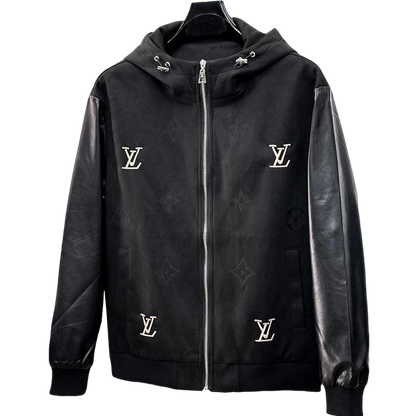 Louis Vuitton Men's Embossed Monogram Hooded Zip-Up Jacket with Contrast Sleeves