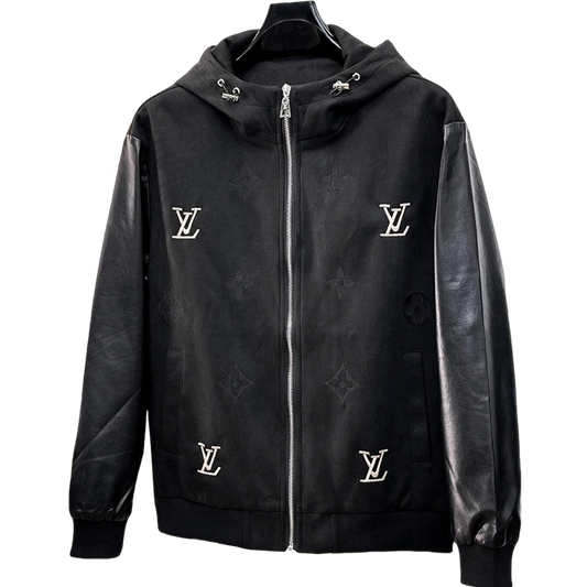 Louis Vuitton Men's Embossed Monogram Hooded Zip-Up Jacket with Contrast Sleeves