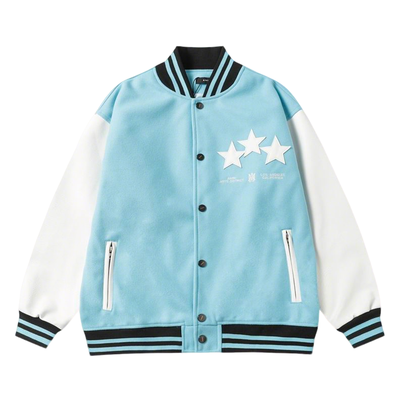 Amiri Light Blue Varsity Jacket With White Star Emblems