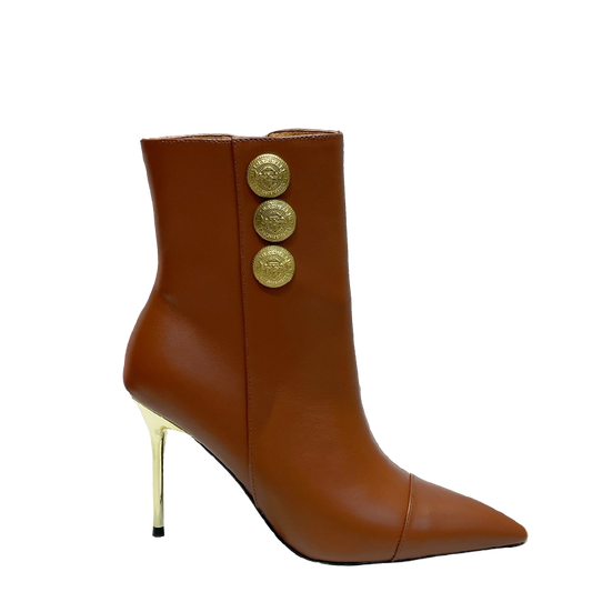 Balmain Brown Leather Ankle Boots With Gold Button Accents