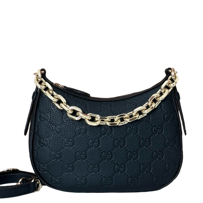 Gucci Black Embossed GG Leather Hobo Bag with Chunky Gold - Tone Chain Accent 815409