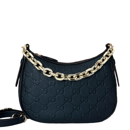 Gucci Black Embossed GG Leather Hobo Bag with Chunky Gold - Tone Chain Accent 815409