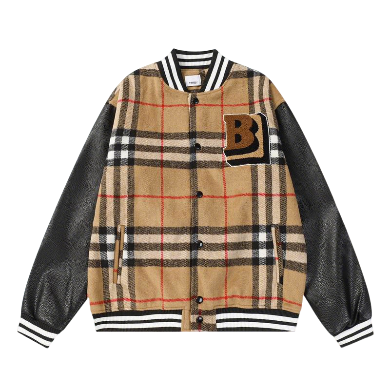 Burberry - Style Plaid Wool Varsity Jacket with Leather Sleeves