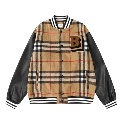 Burberry - Style Plaid Wool Varsity Jacket with Leather Sleeves