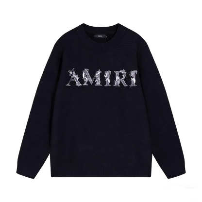 Amiri Men's Black Crew Neck Knitted Sweater With Intricate Lettering Design
