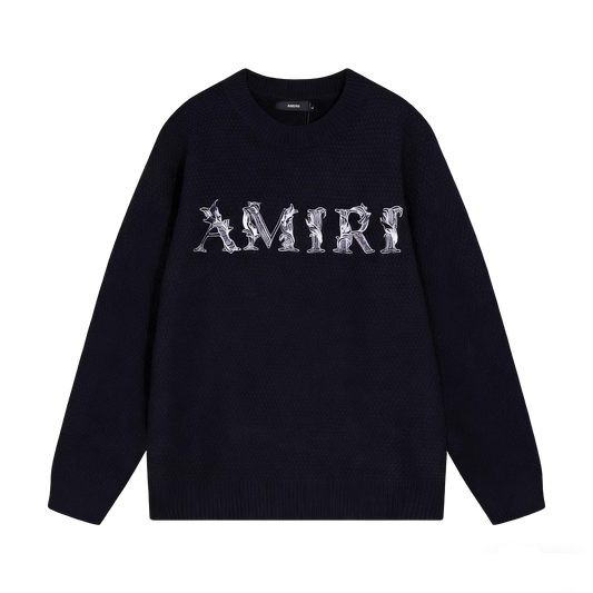 Amiri Men's Black Crew Neck Knitted Sweater With Intricate Lettering Design
