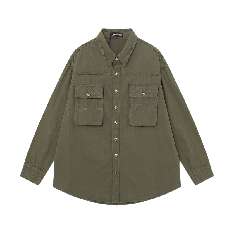 Chrome Hearts Style Olive Green Oversized Shirt Jacket with Pockets