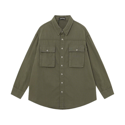 Chrome Hearts Style Olive Green Oversized Shirt Jacket with Pockets