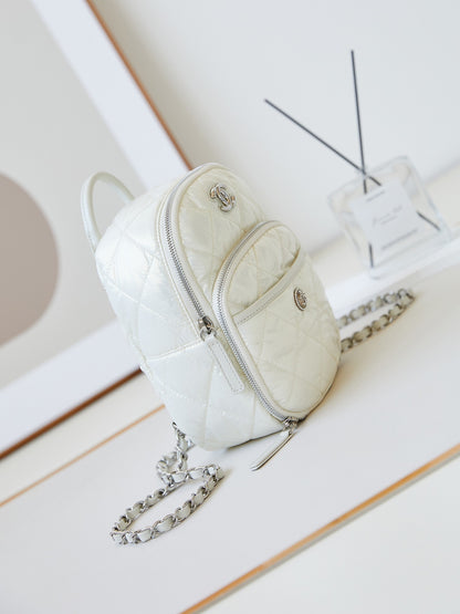 Chanel Mini Backpack White Quilted Nylon with Silver - Tone Hardware and Chain Straps AS4366