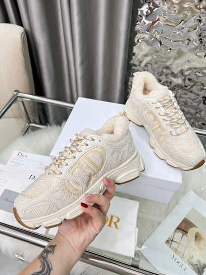 Women's Dior Cream - Colored Sneakers With Plush Fleece Details