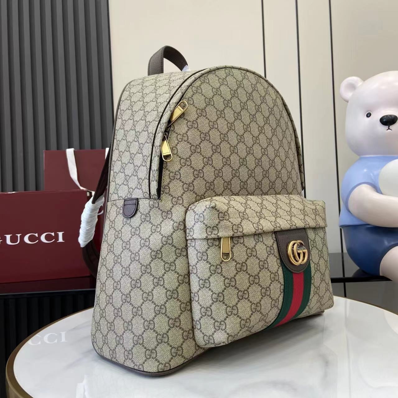 Gucci Beige Ebony GG Supreme Canvas Backpack With Web Stripe And Gold Tone Double G 834466