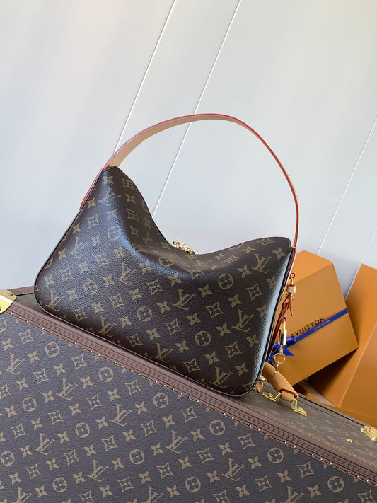 Chic Louis Vuitton Monogram Hobo Bag With Stylish Curved Shape And Top Handle