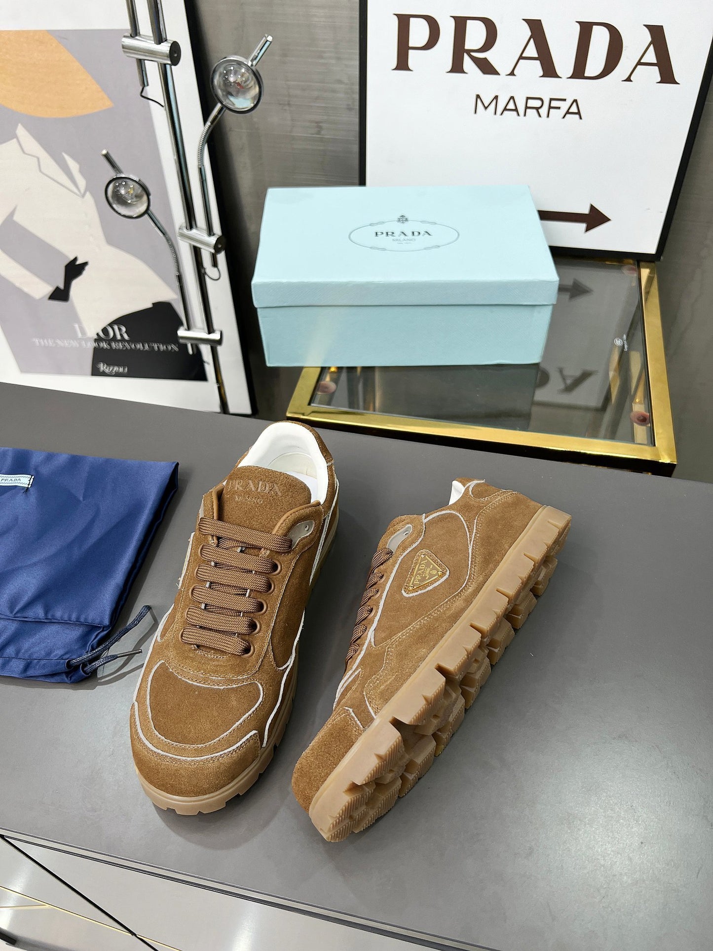 Prada Unisex Sneakers Triangle Logo Suede Luxury Sneakers