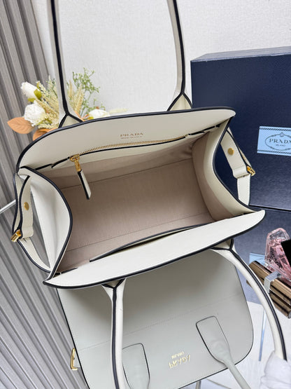 Prada White Leather Dome Satchel Bag With Top Handles 1BG538