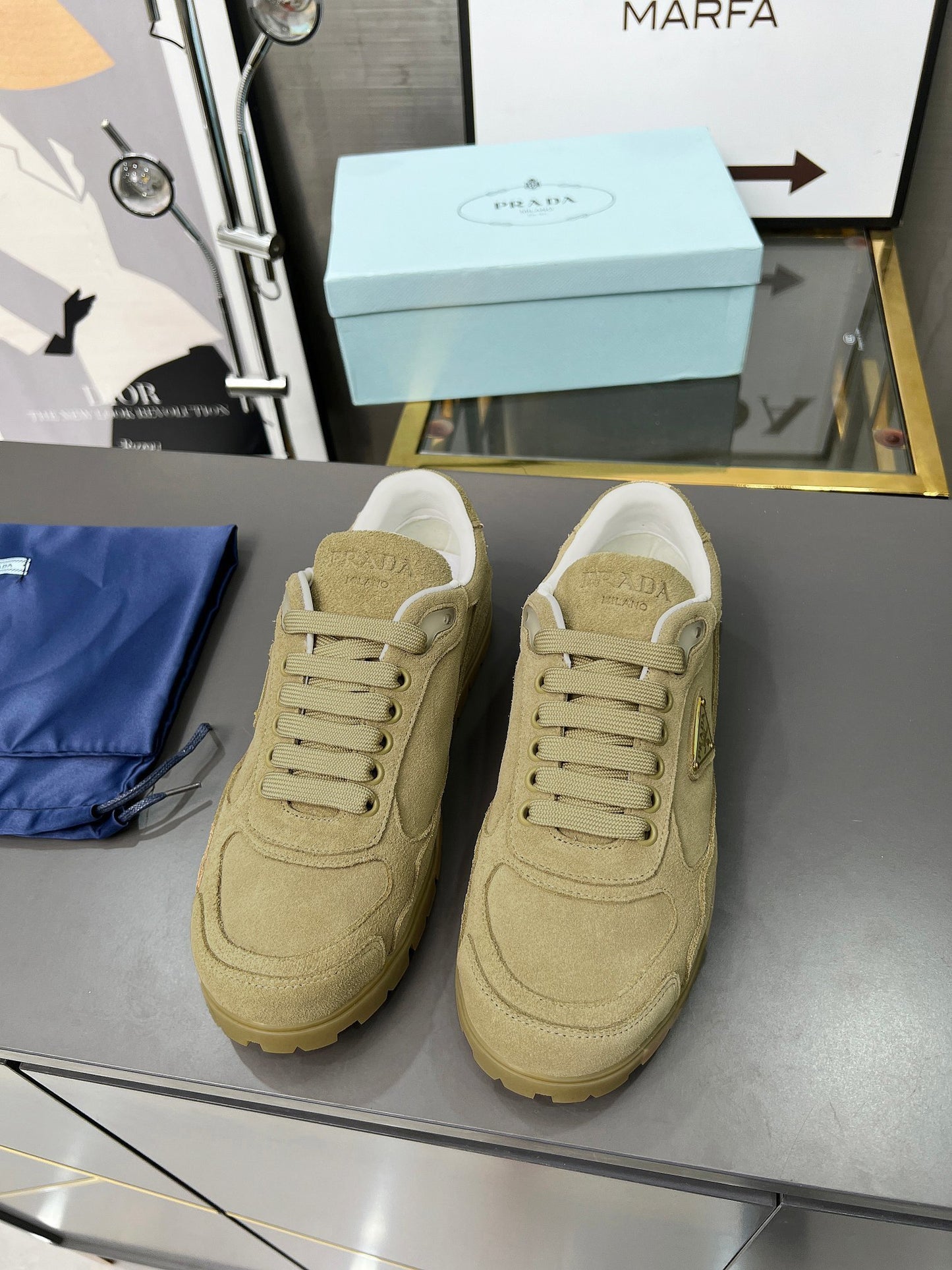 Prada Unisex Sneakers Triangle Logo Suede Luxury Sneakers