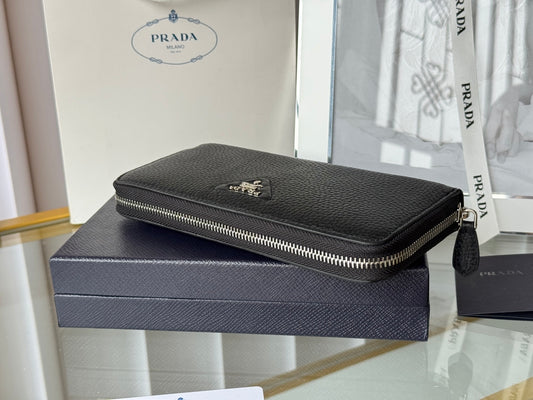 Prada Black Grained Leather Zip - Around Wallet With Gold Logo 1ML506